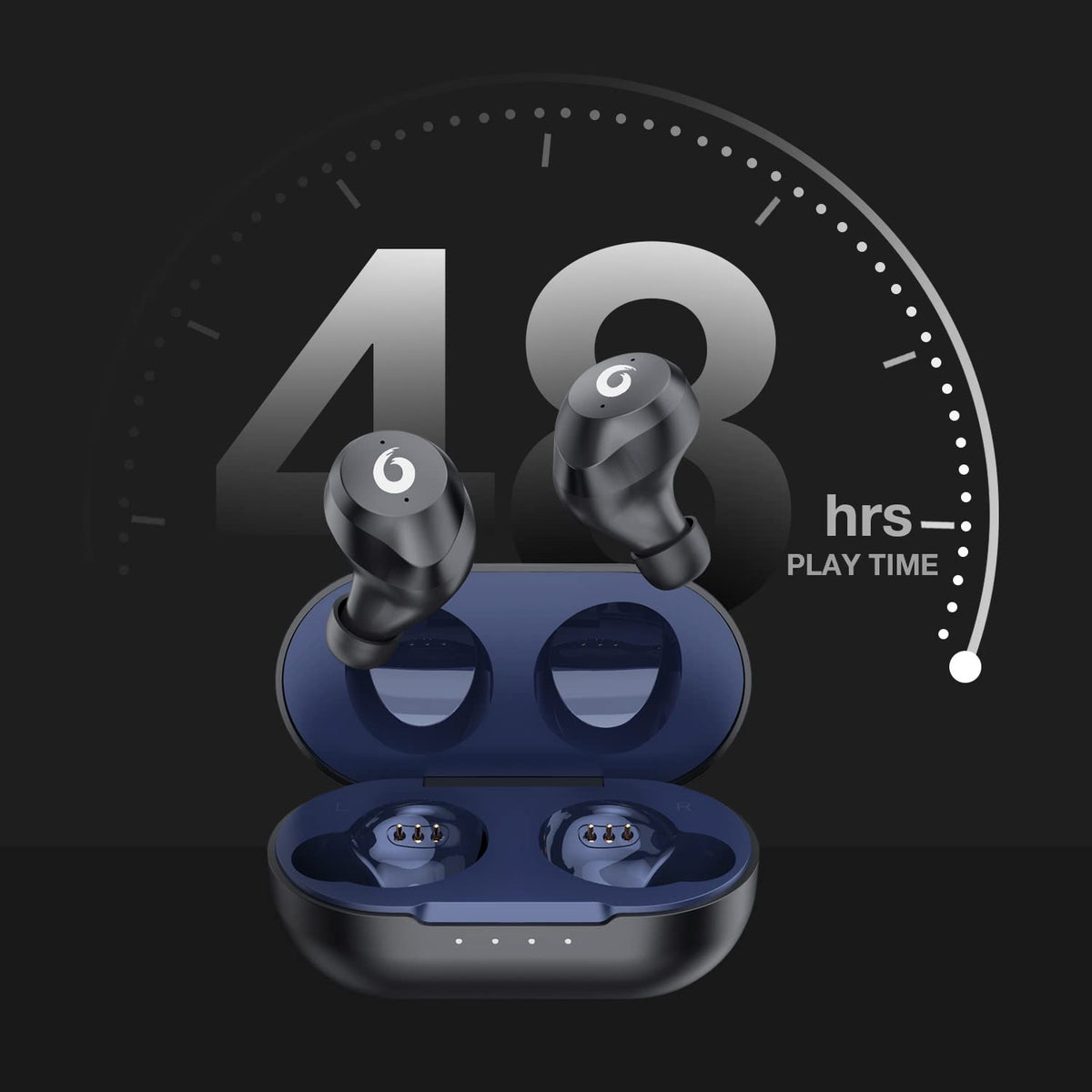 Hikapa X9 charging case open displaying earbuds, demonstrates extended battery life