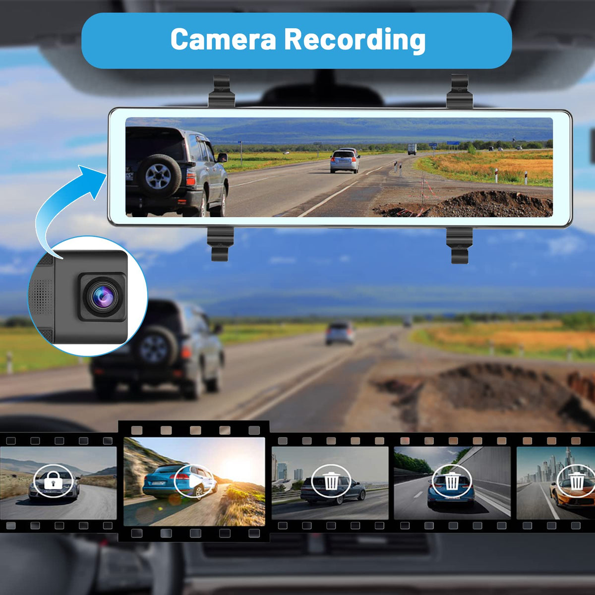 Hikity front camera lens detail with mounting bracket — captures high-definition road footage