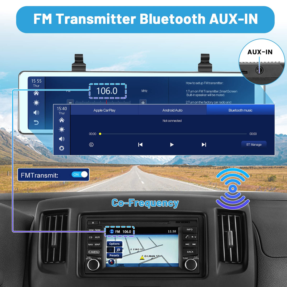 Hikity split-screen showing front and rear 1080p feeds — lets drivers monitor both directions