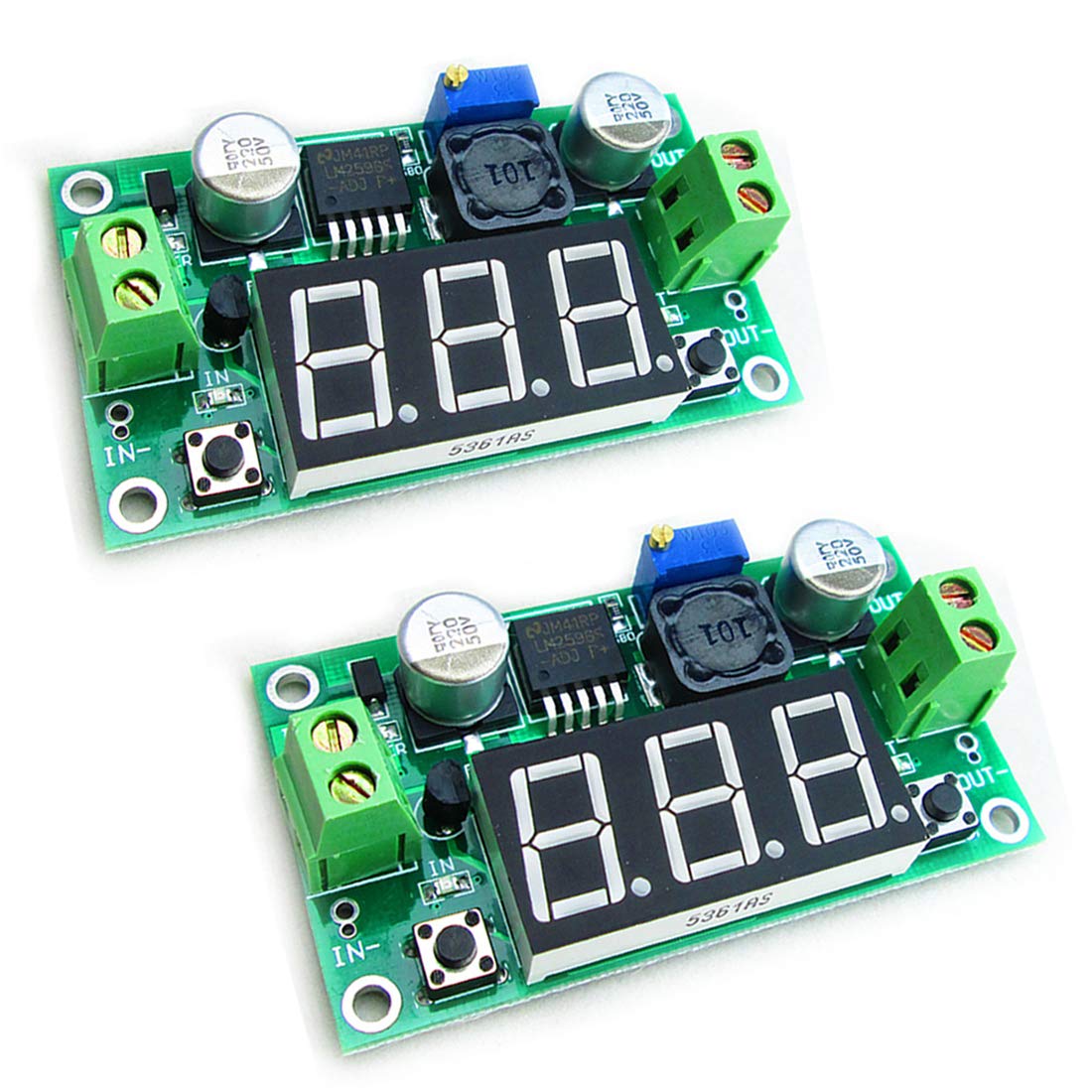 HiLetgo front panel LED voltmeter showing input/output voltage and easy readout
