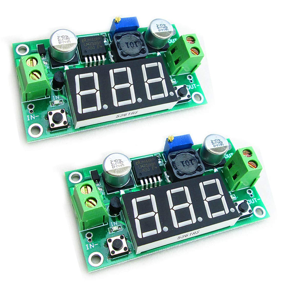 HiLetgo front panel LED voltmeter showing input/output voltage and easy readout