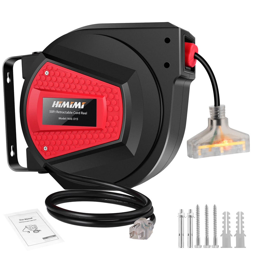 Himimi retractable cord reel 50ft with smooth auto-retract and tangle-free storage.