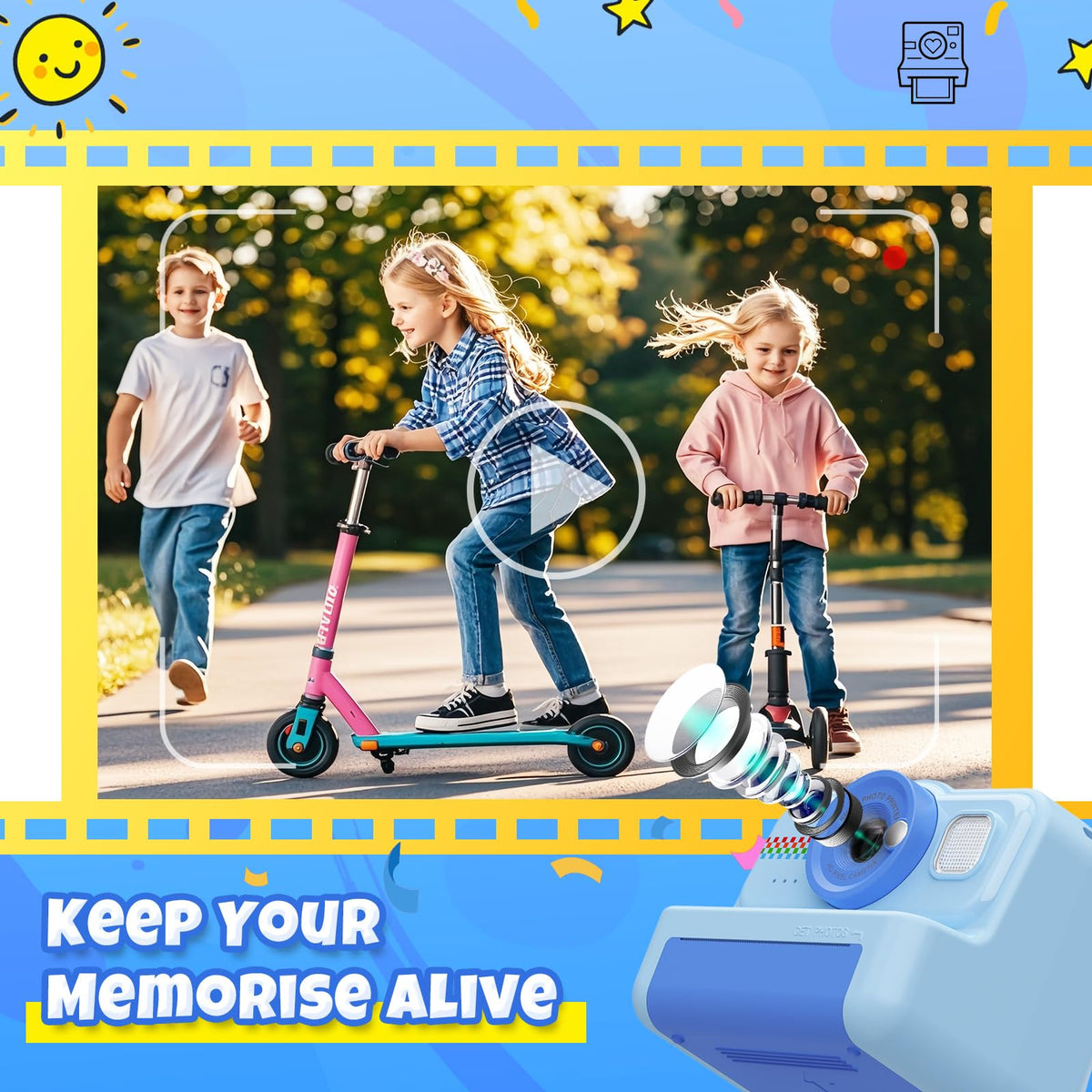Child holding HiMont camera outdoors capturing moments, encourages creative play