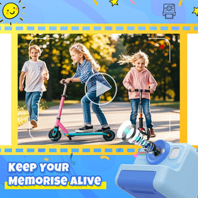 Child holding HiMont camera outdoors capturing moments, encourages creative play