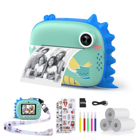 HiMont Kids Camera blue front view showing instant printing feature