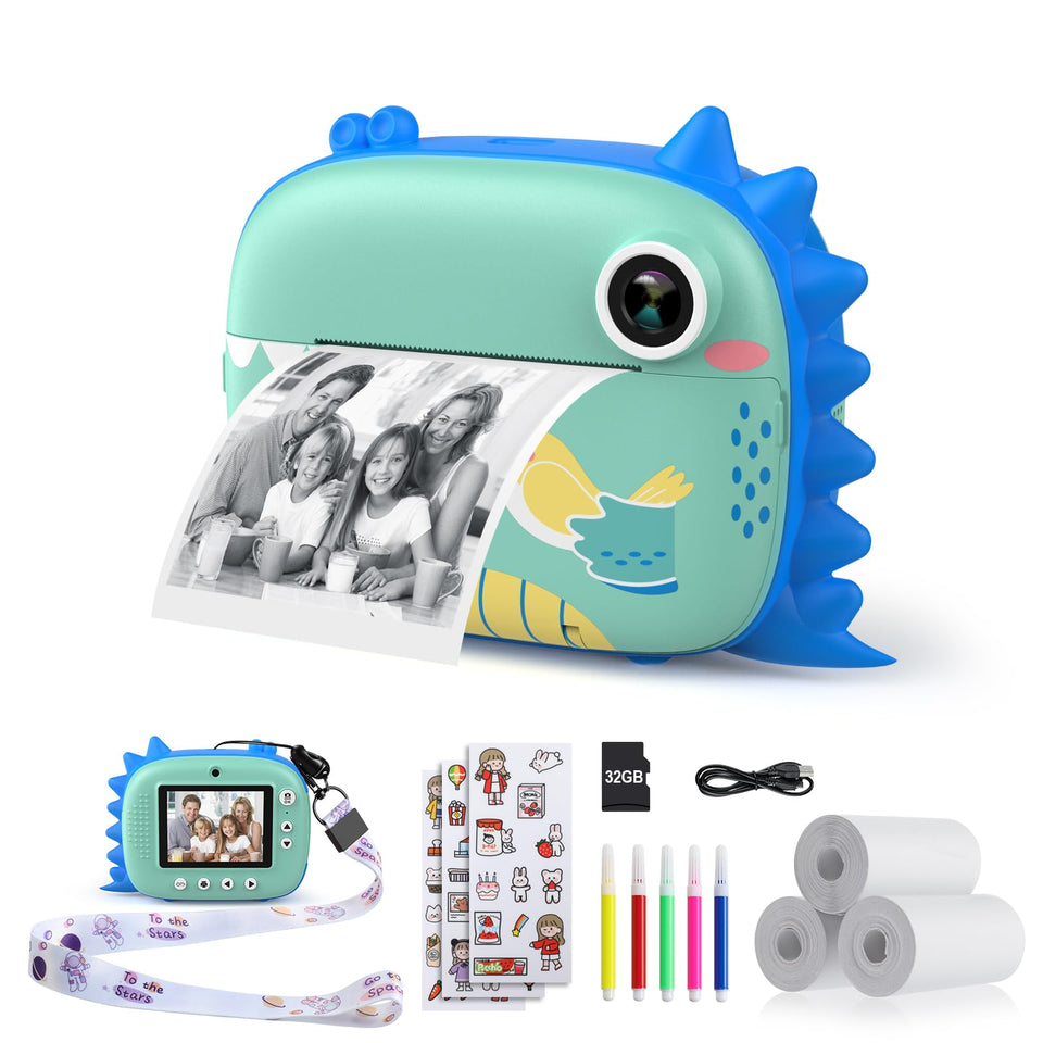 HiMont Kids Camera blue front view showing instant printing feature