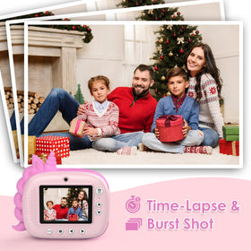 HiMont Kids Camera with print paper pack demonstrates quick, border-free prints on demand