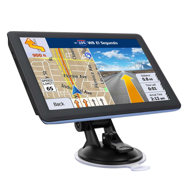 HINYFVOZ front view of blue GPS unit showing map and controls, clear navigation benefit
