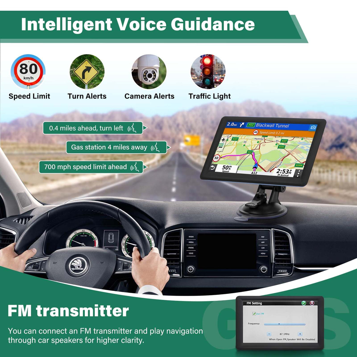 HINYFVOZ GPS mounted on car dashboard in use, improved hands-free navigation benefit