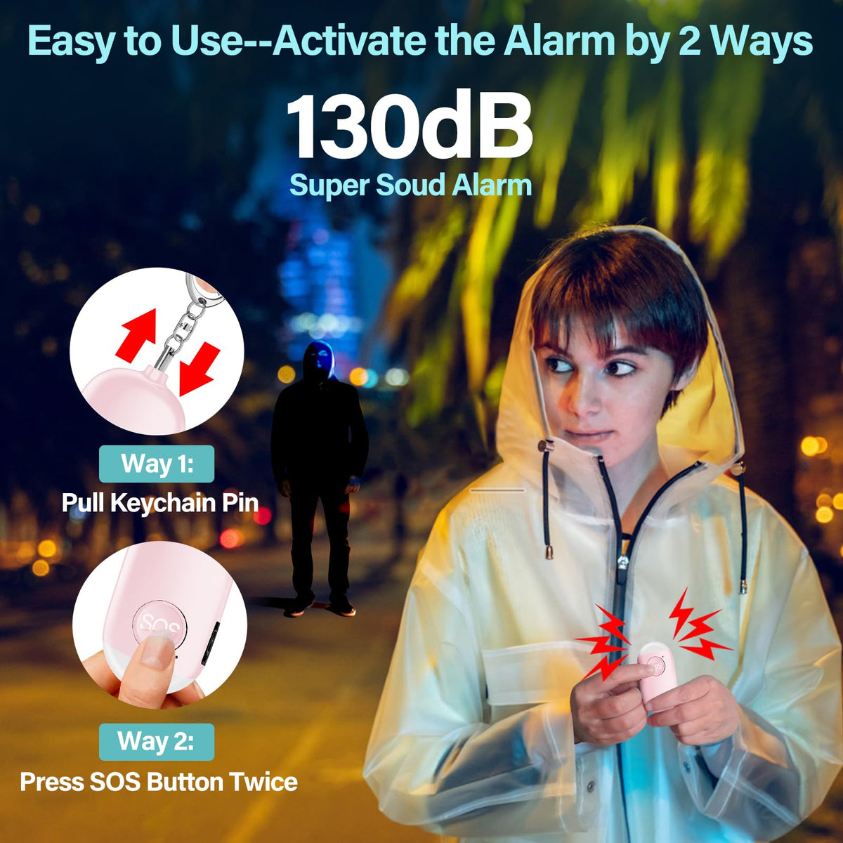 Hion alarm three-pack, side clip view, easy to attach to bags or keys.