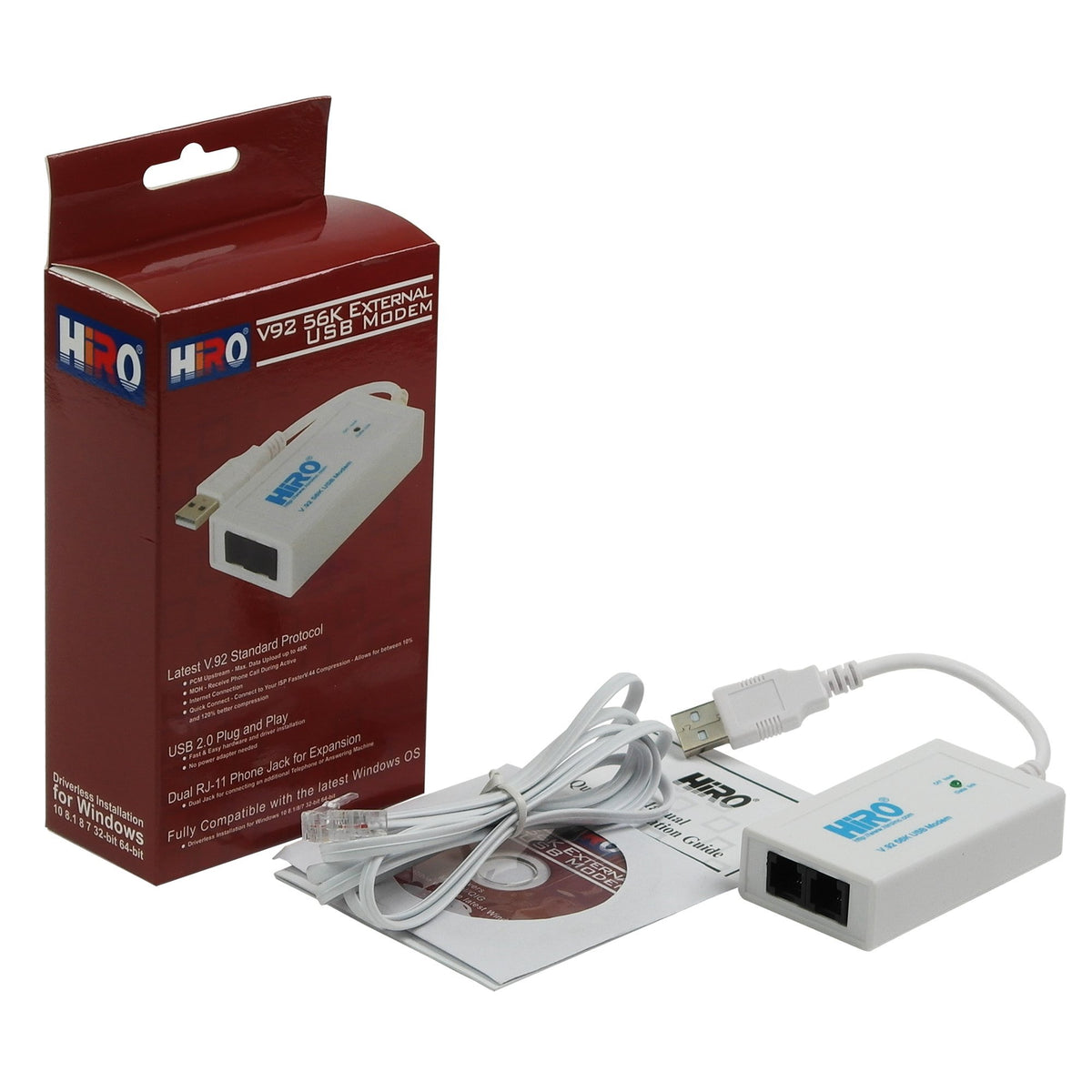 HIRO V92 external USB modem front view showing ports and plug-in convenience