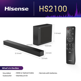 Hisense HS2100 wireless subwoofer delivers deep bass for immersive cinema at home.