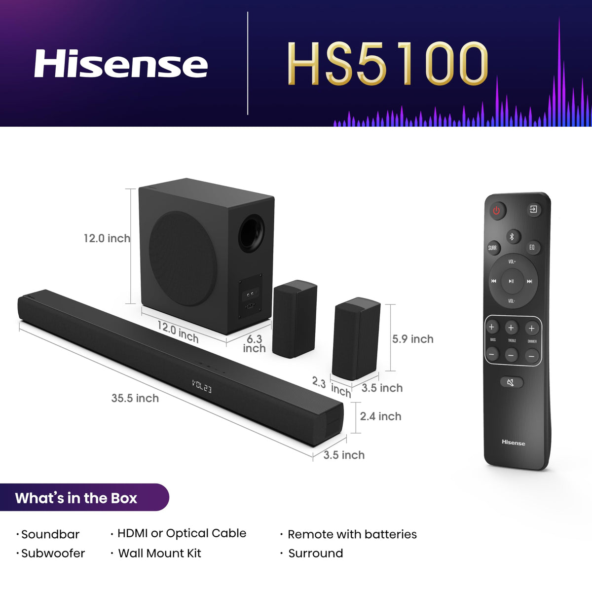 HS5100 wireless subwoofer delivers deep, clear bass for dynamic scenes.