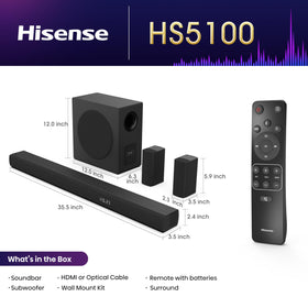 HS5100 wireless subwoofer delivers deep, clear bass for dynamic scenes.