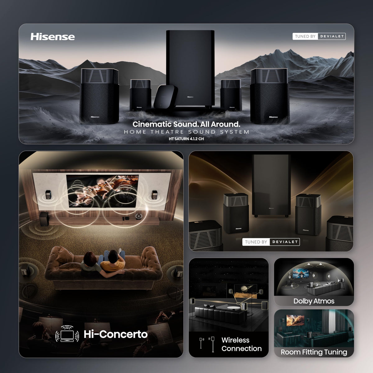 Dolby Atmos and DTS:X create a 3D soundscape with Hisense HT Saturn.