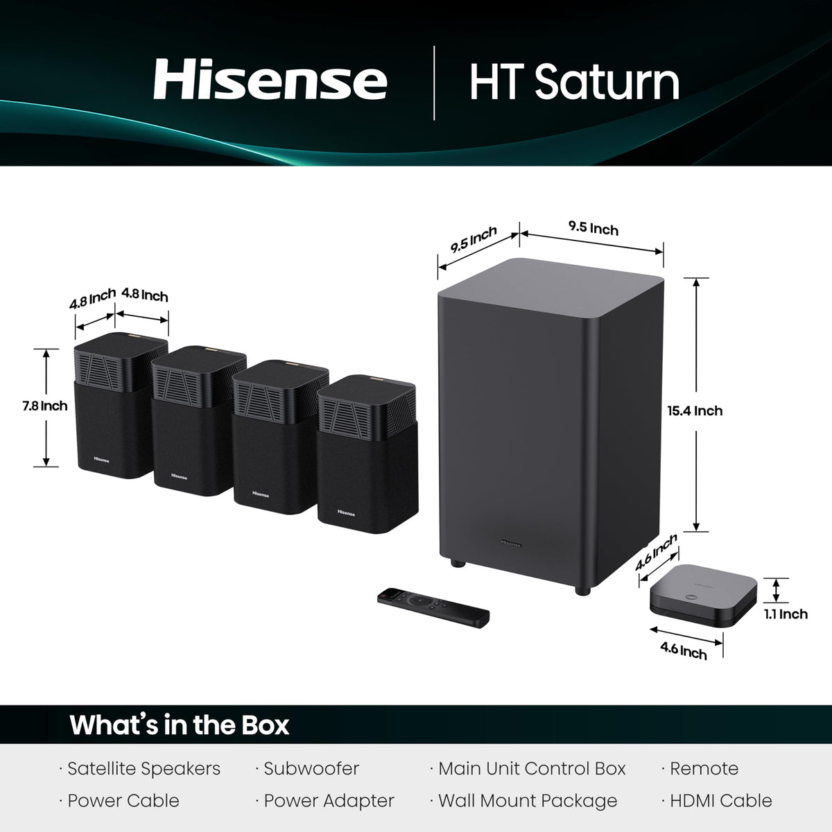 Wireless subwoofer 6.5-inch of Hisense HT Saturn delivers deep bass.