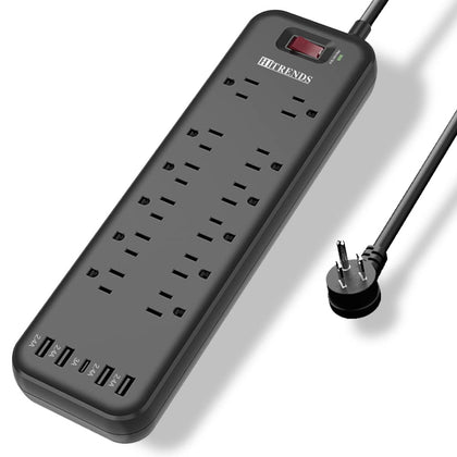 HITRENDS power strip with 12 outlets and four USB ports for flexible home office charging.
