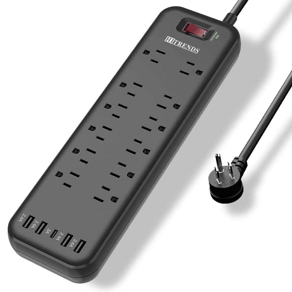HITRENDS power strip with 12 outlets and four USB ports for flexible home office charging.