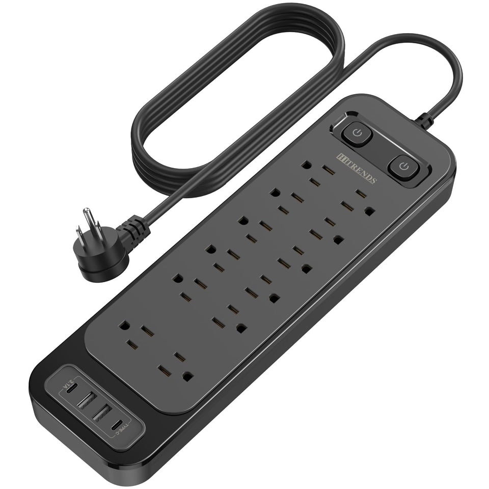 HITRENDS 12-outlets surge protector powering multiple devices while keeping space tidy