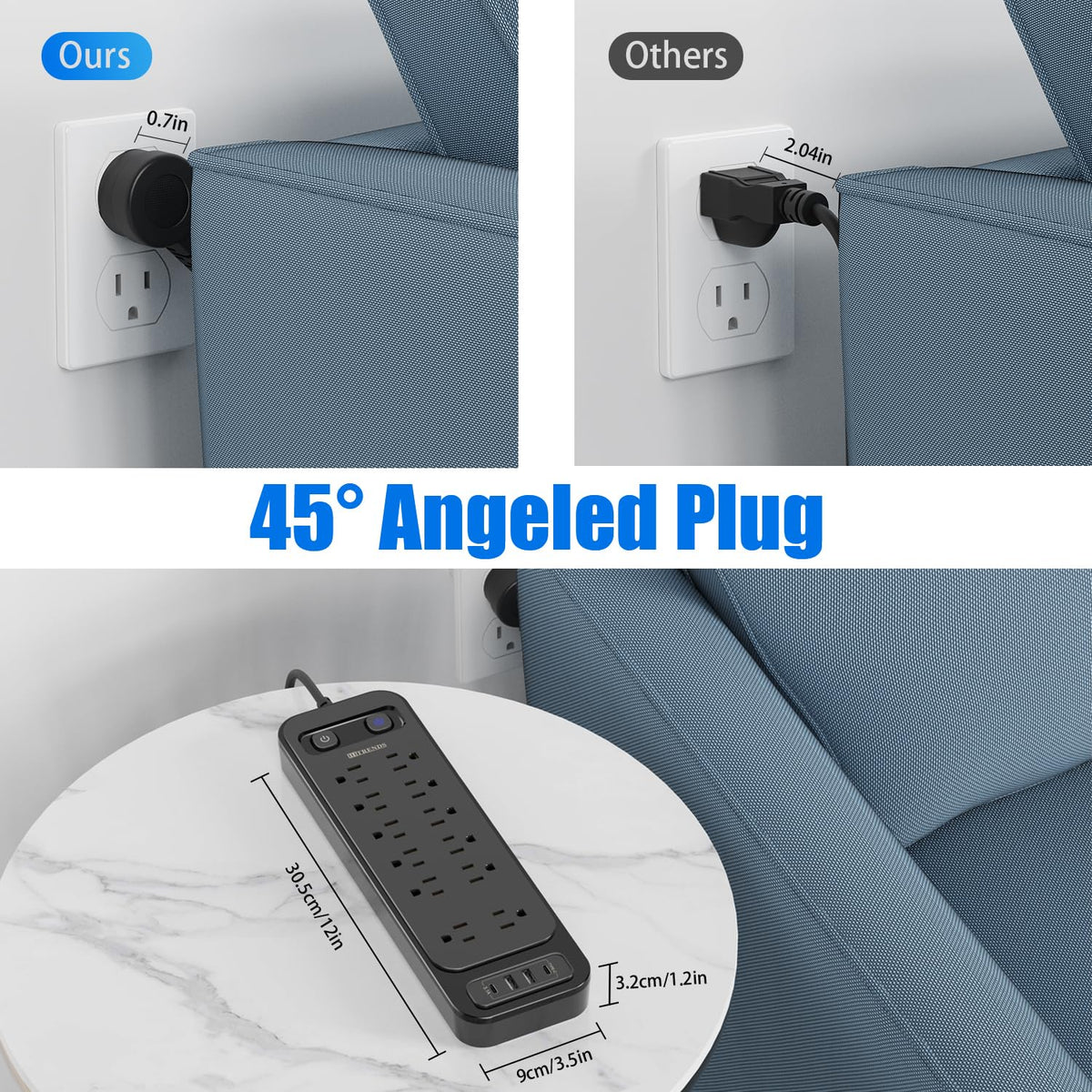 HITRENDS 45-degree flat plug sits flush against the wall for a clean setup