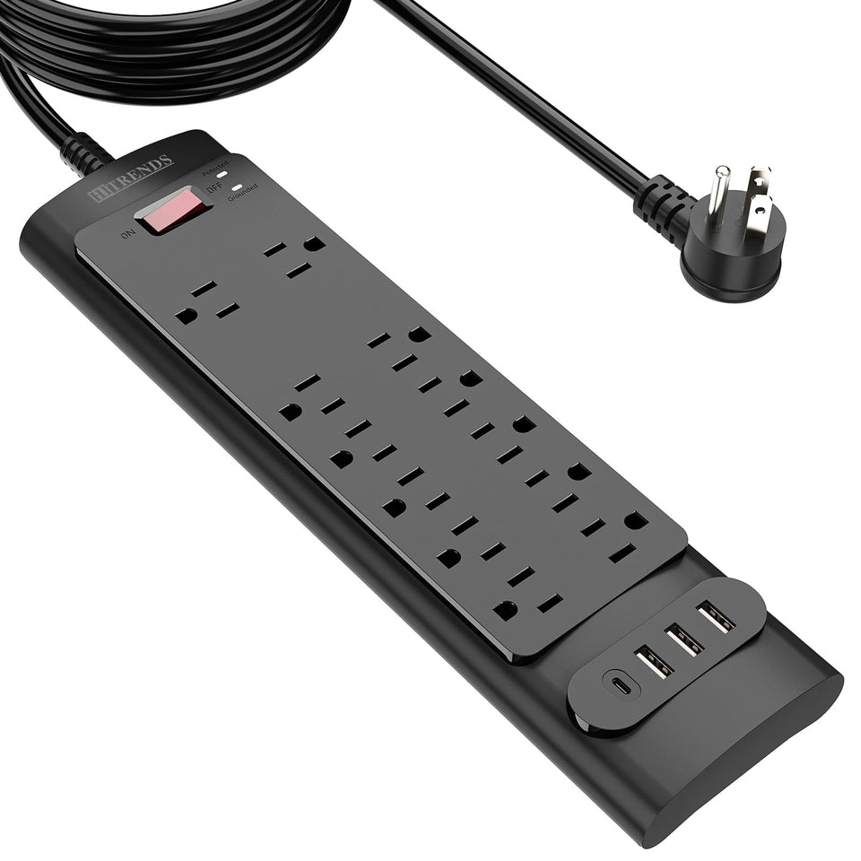 HITRENDS surge protector with 12 outlets powers multiple devices safely.