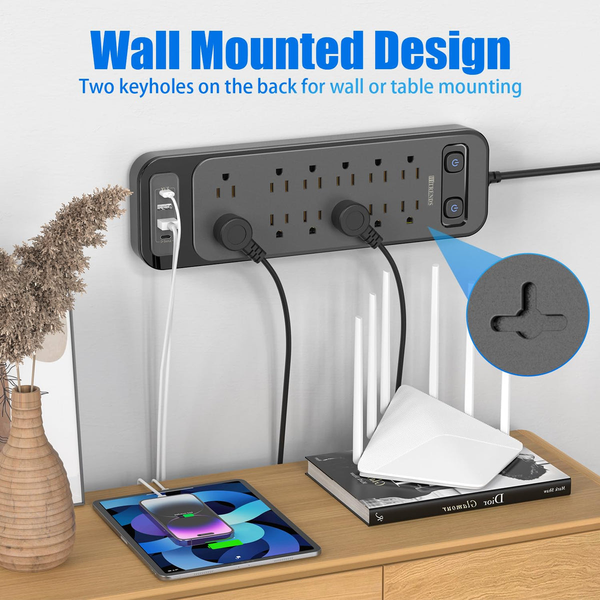 HITRENDS wide outlet spacing prevents bulky adapters from blocking others