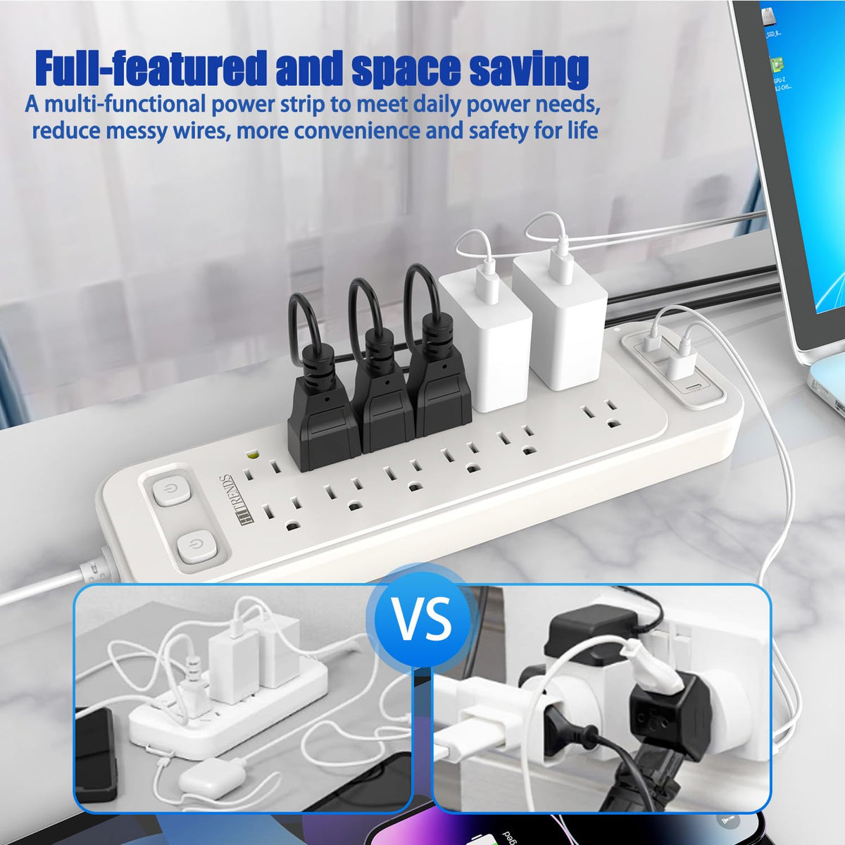 HITRENDS wide spacing prevents bulky adapters from blocking outlets.