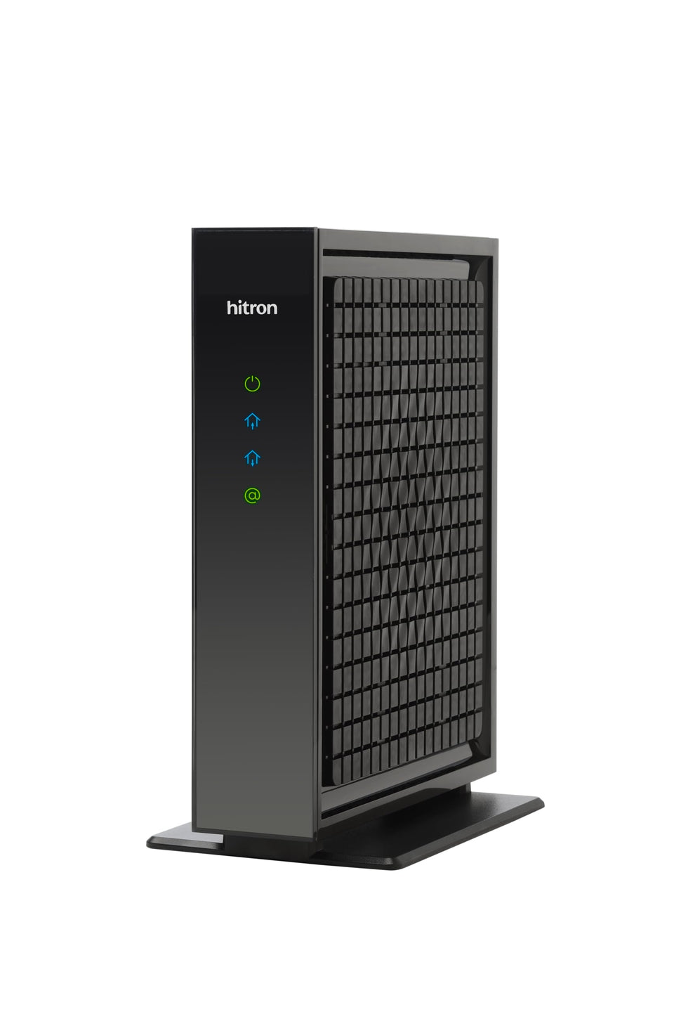 Hitron CODA56 front view showing compact modem design for desk setups.