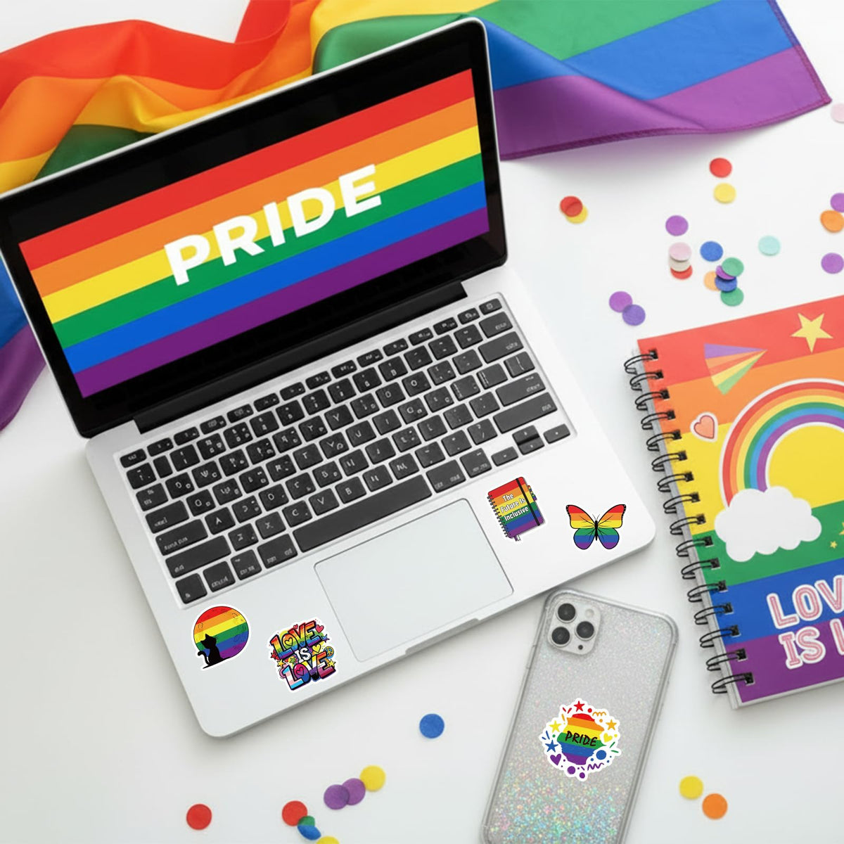 HIUHIUBO waterproof pride stickers are outdoor-ready for backpacks and skateboards.