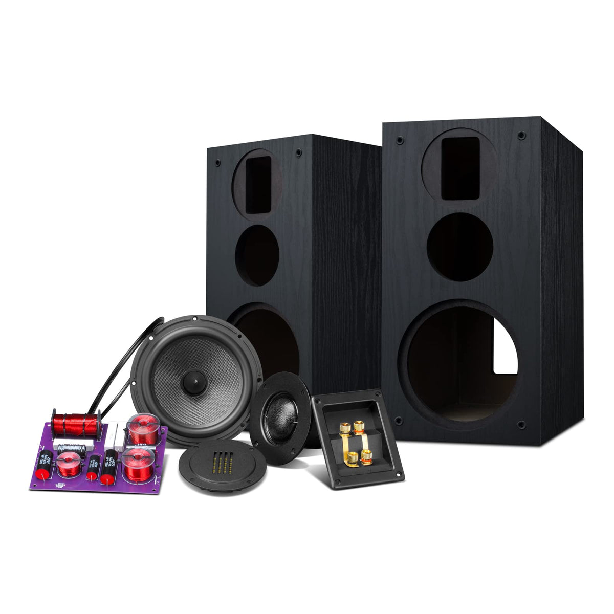 HiVi-Swans DIY kit components including crossover and drivers