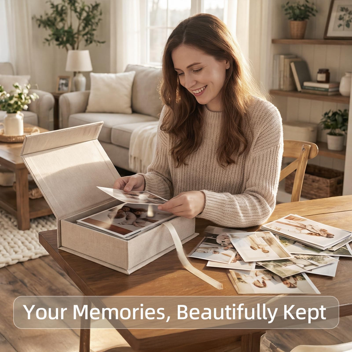 Hiwhy photo storage box stackable design saves space on shelves.