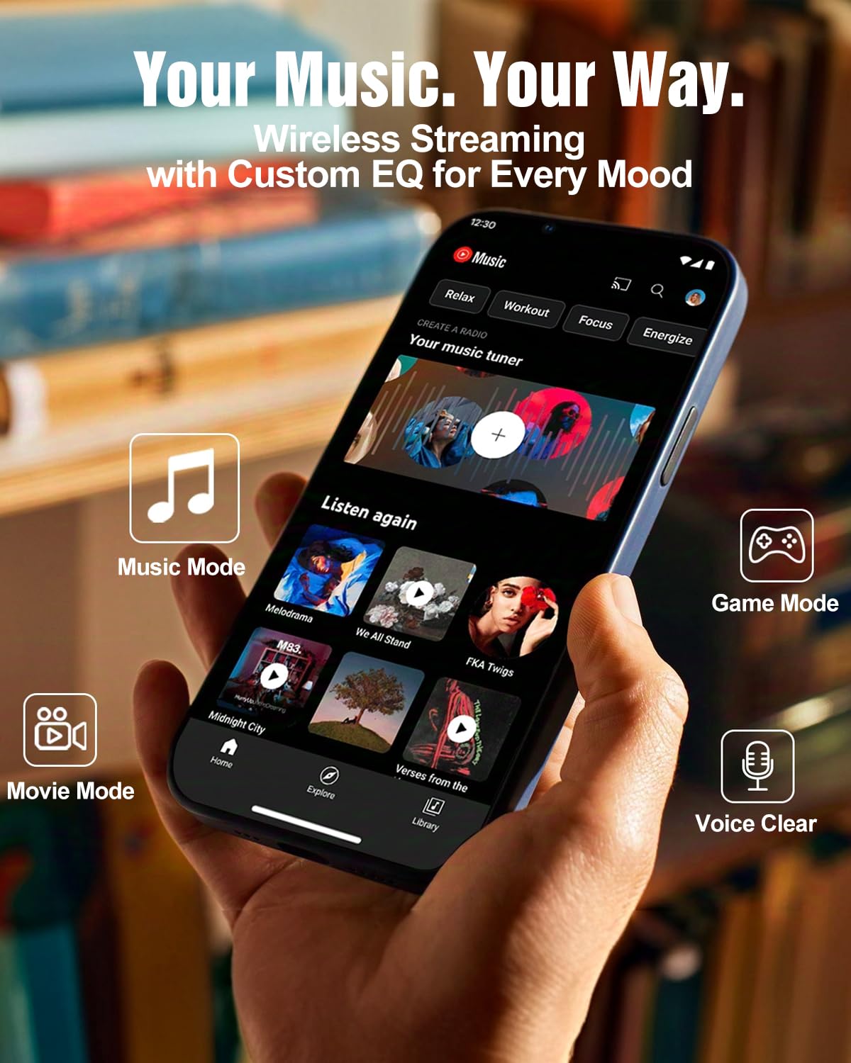 Hiwill-Audio customizable EQ for bass and treble to tailor listening.