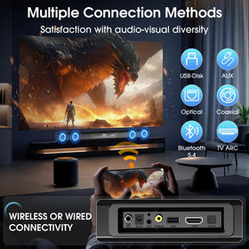 HIXICOPA connectivity panel highlights Bluetooth, HDMI ARC, USB options.