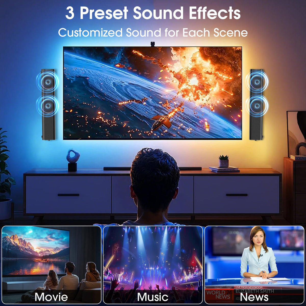 HIXICOPA soundbar front view shows slim, space-saving design.