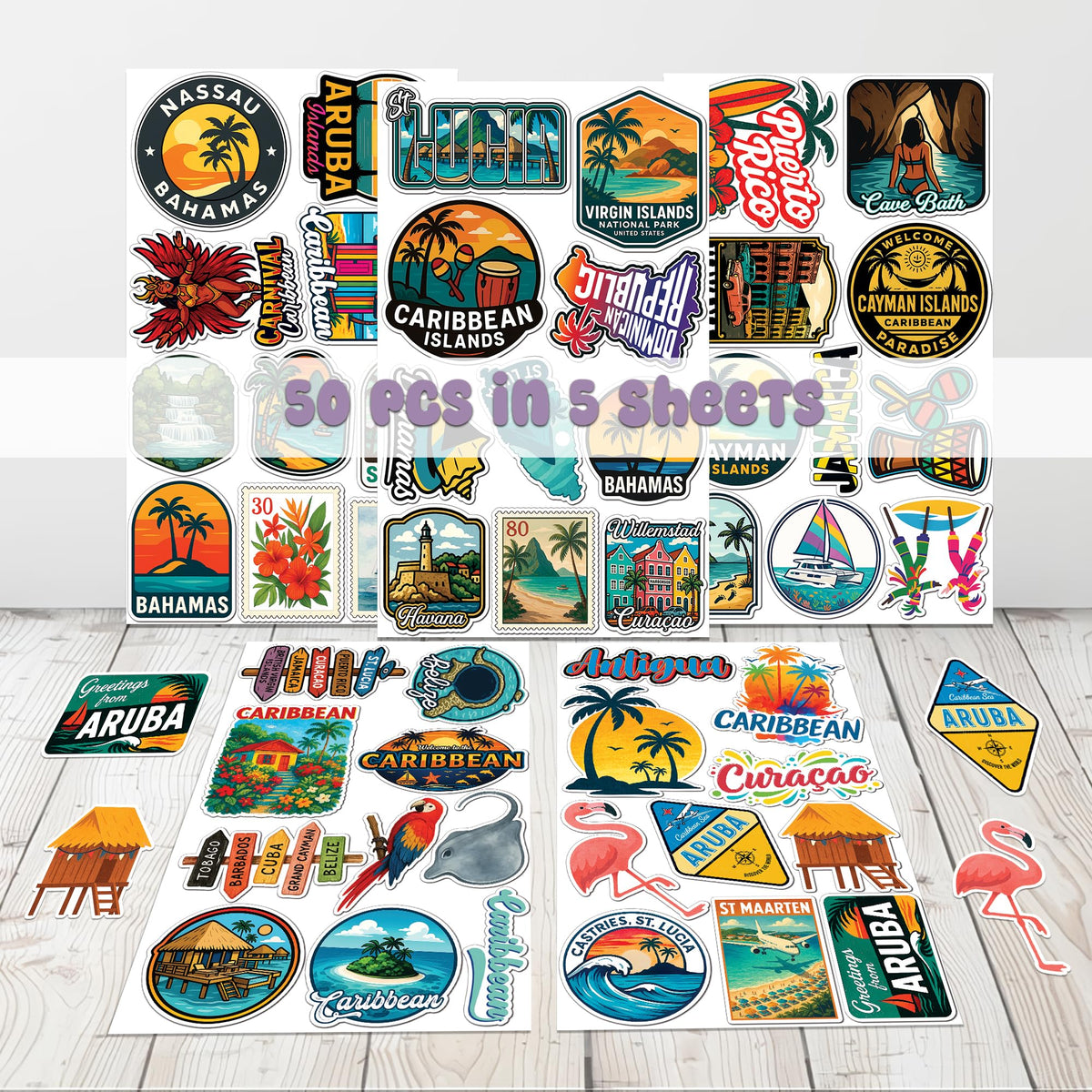 Close-up of HIZILY Caribbean stickers showing vibrant ink and durable PVC finish.