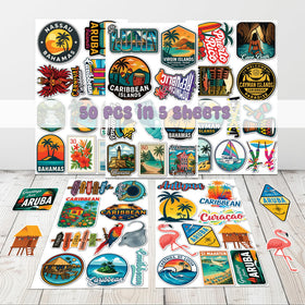 Close-up of HIZILY Caribbean stickers showing vibrant ink and durable PVC finish.