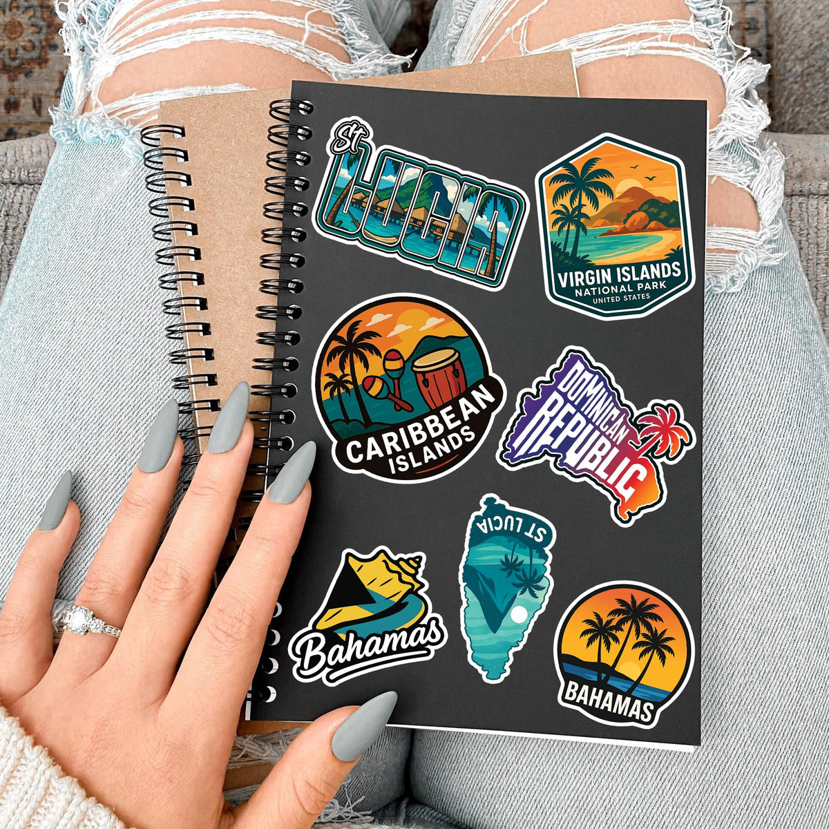 HIZILY Caribbean stickers on luggage highlighting travel-ready durability.