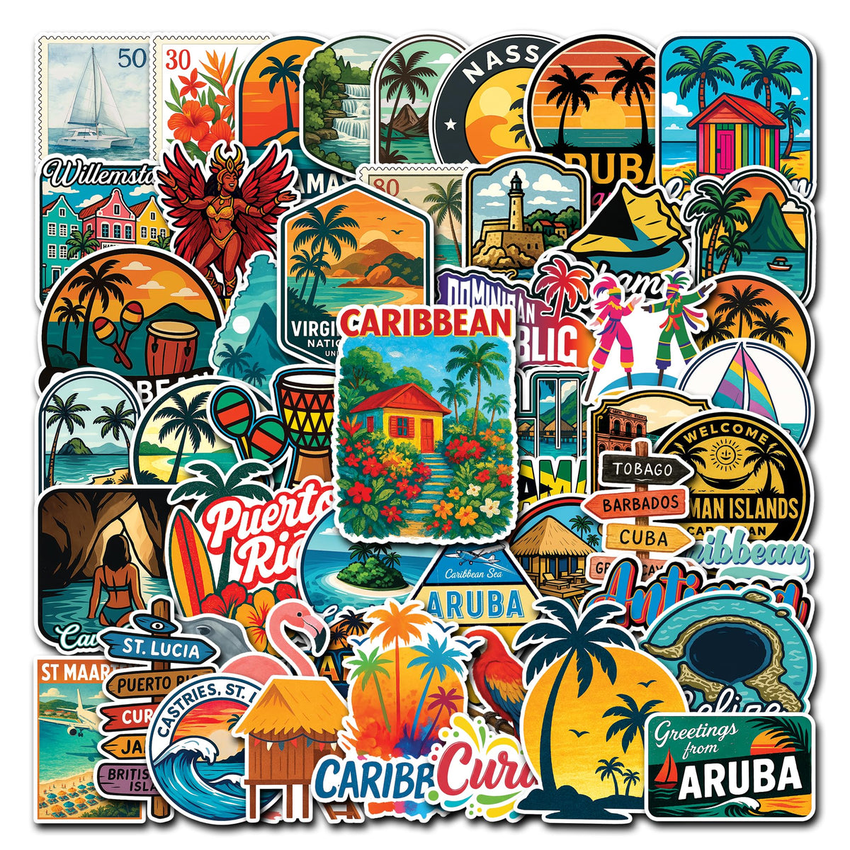 HIZILY Caribbean stickers 50-piece pack in packaging, ideal for gifting and collecting.