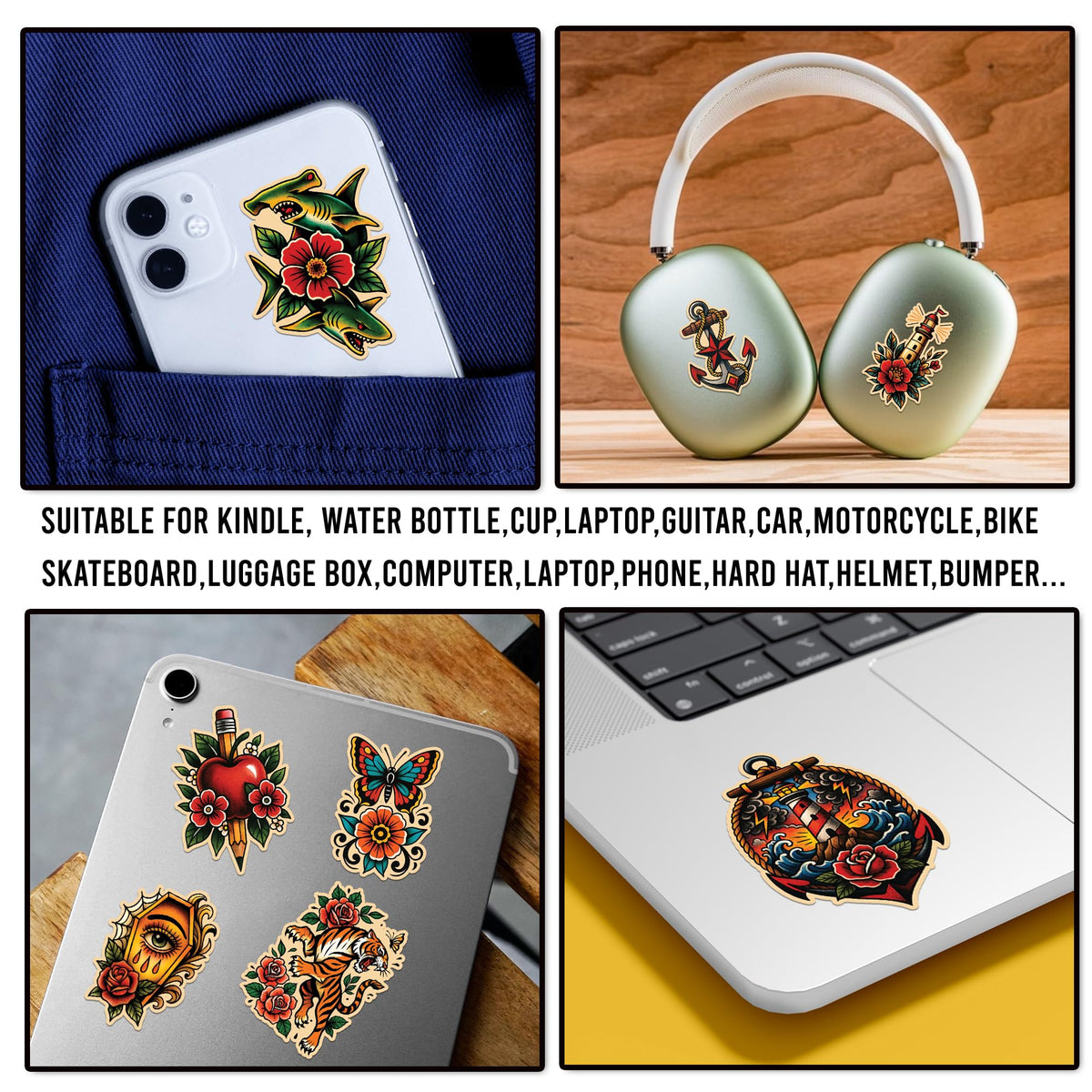 HIZILY multi-surface stickers on a laptop and case with easy-peel removal