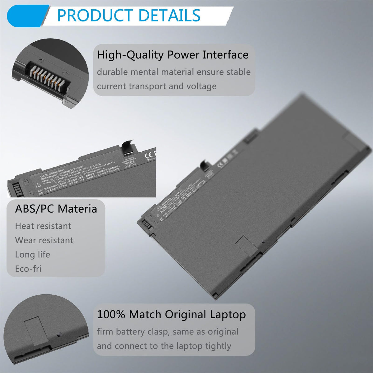 HJTPOWER CM03XL 11.1V label visible, confirming compatibility with HP EliteBook.