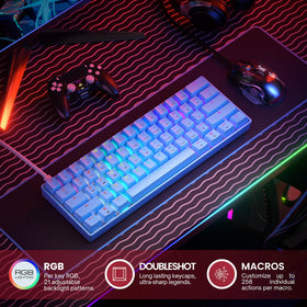 GK61 rainbow RGB backlighting highlights vibrant, customizable lighting effects.