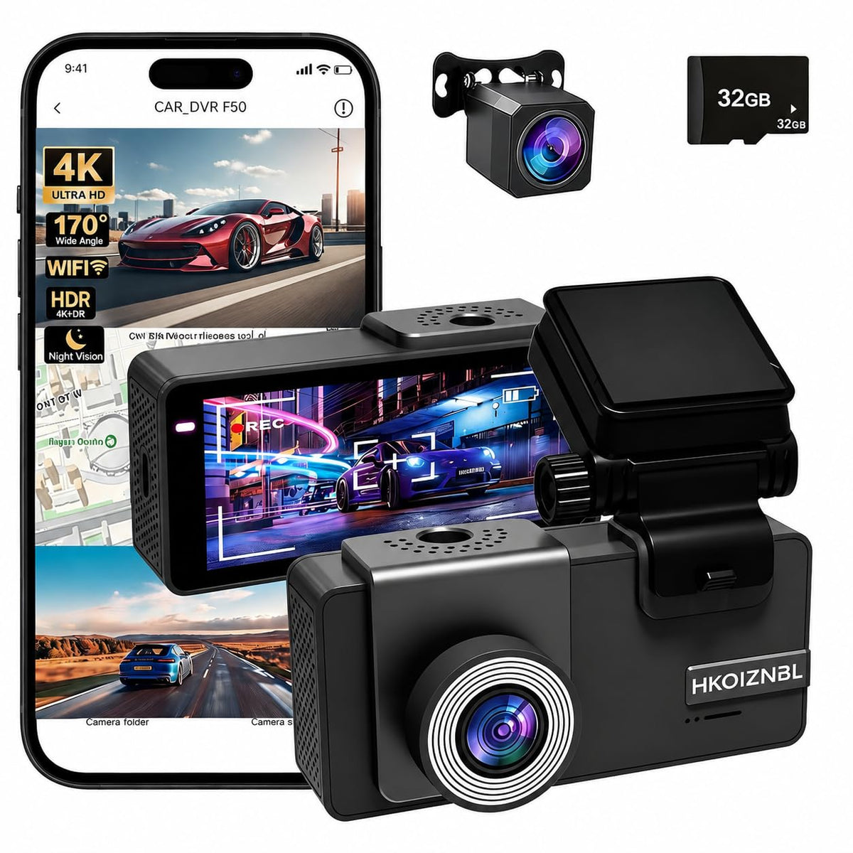 HKOIZNBL dashcam front camera 4K+2.5K captures sharp license plates.