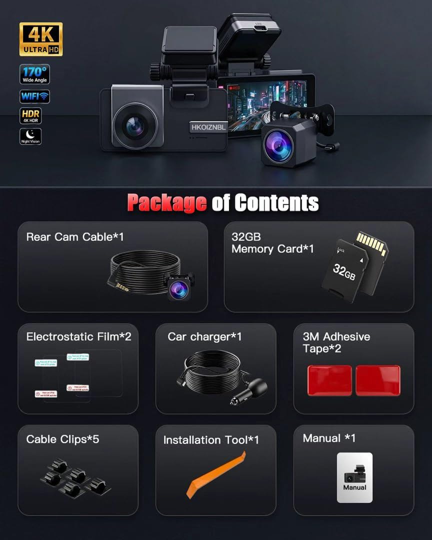 HKOIZNBL dashcam complete kit with rear camera and included accessories.