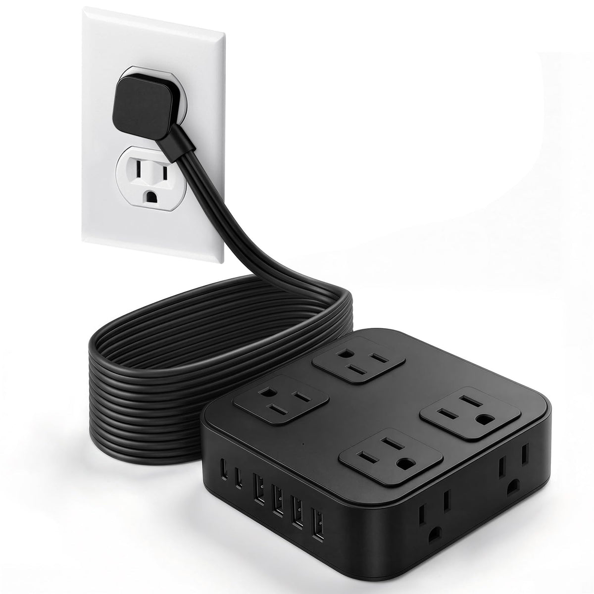 HLCZLUZ 10ft extension cord with 8 outlets and 6 USB ports for flexible charging.