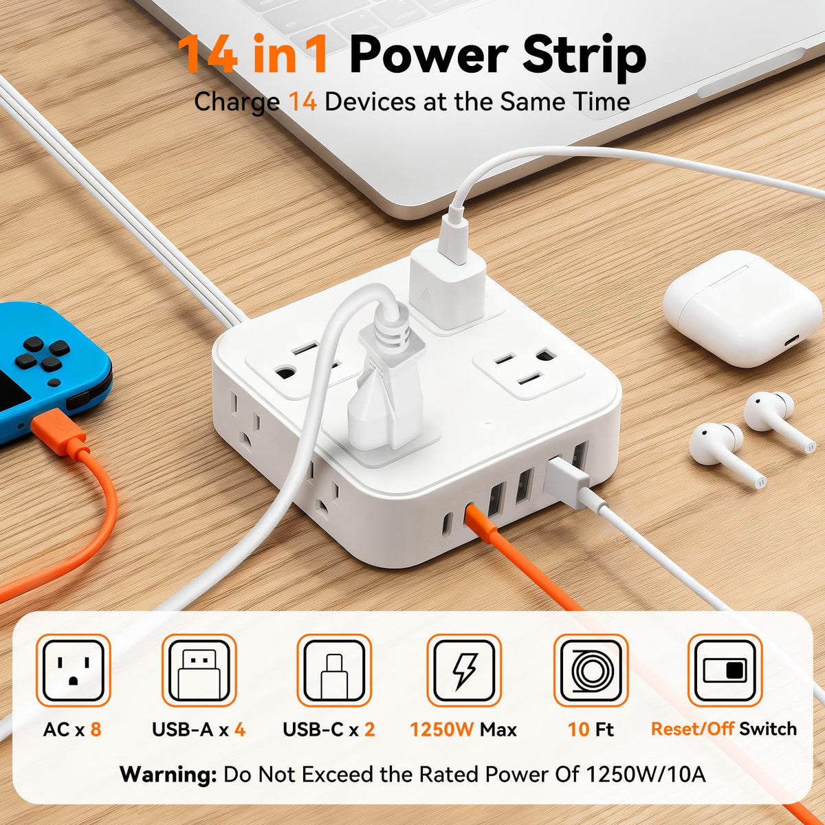 HLCZLUZ power strip with 8 outlets and USB ports, reducing clutter.