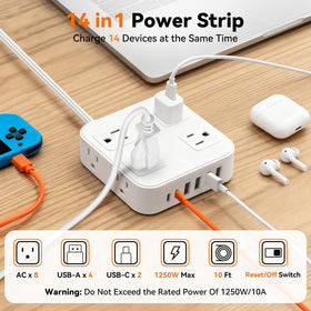 HLCZLUZ power strip with 8 outlets and USB ports, reducing clutter.