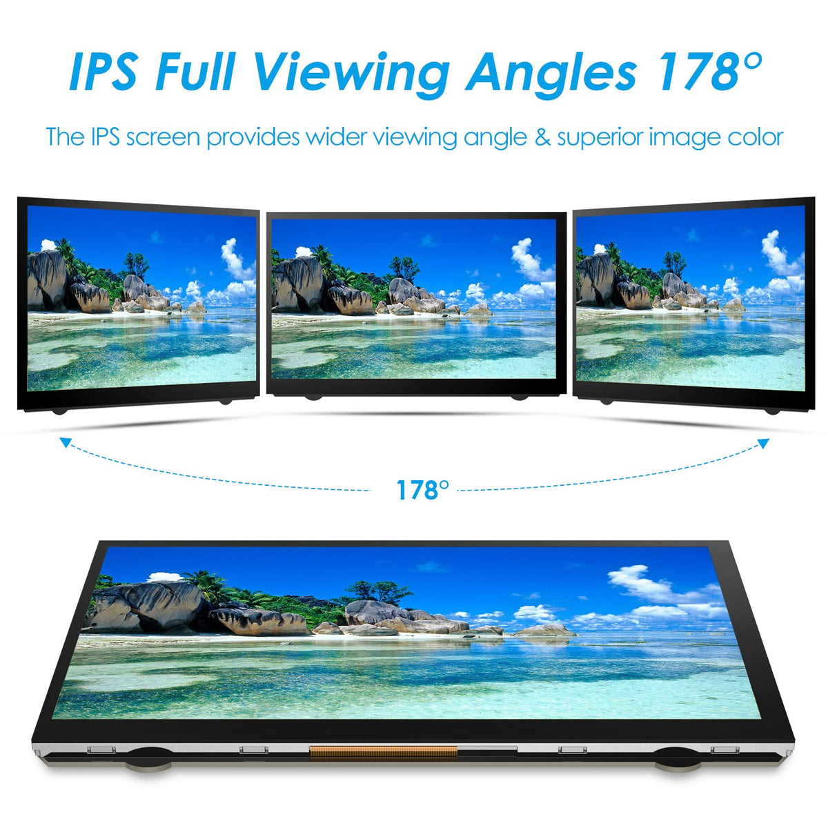 HMTECH slim side profile showing thin portable monitor design and portability