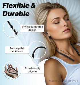 Hmusic HS88 silicone neckband detail that lies flat and prevents disconnection