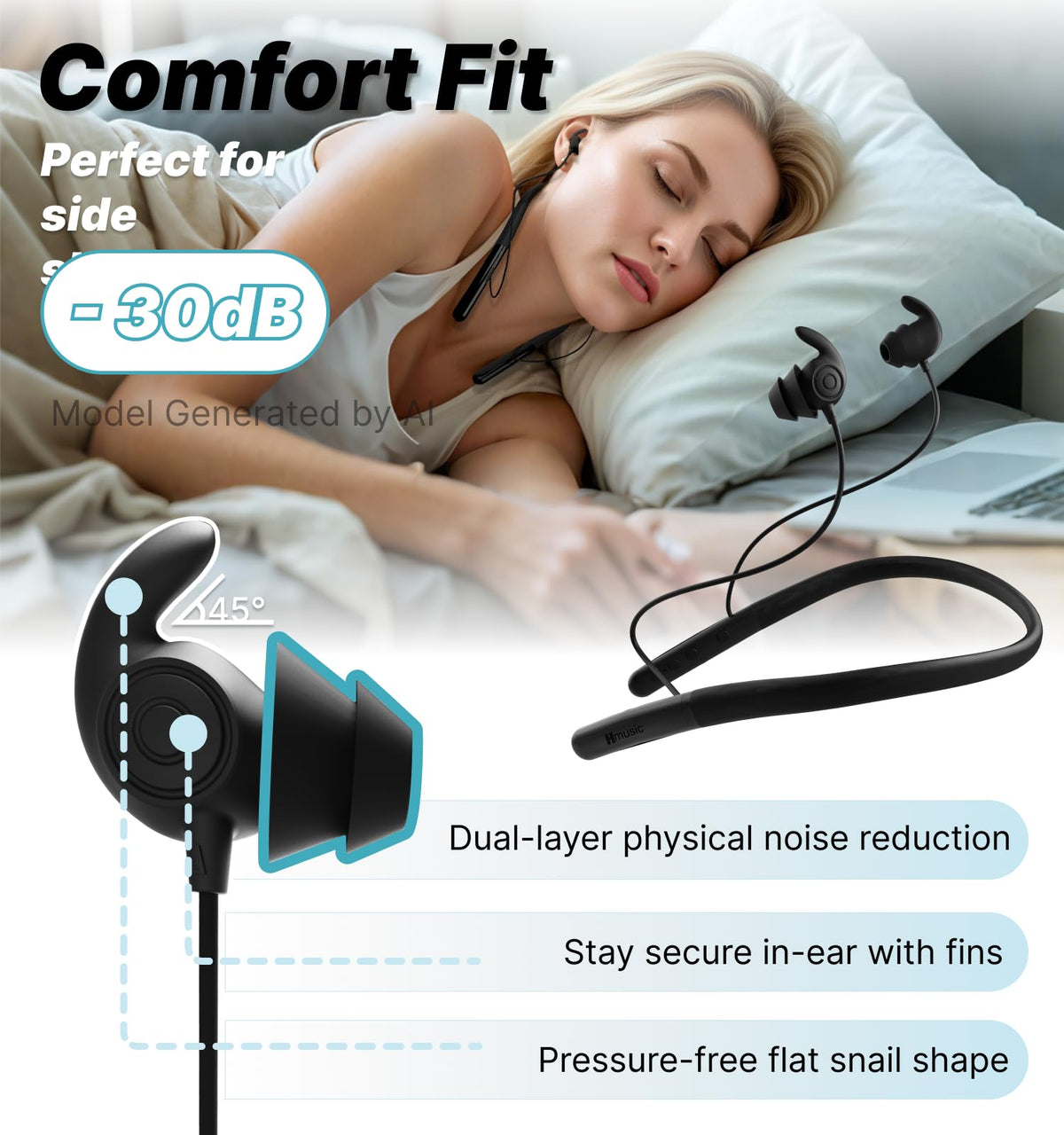 Hmusic HS88 ultra-flat snail-shaped earbud close-up for zero-pressure rest