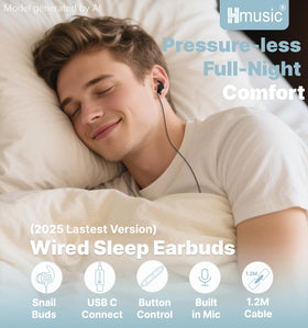 Hmusic Sleep Earbuds with 45 degree fins for secure, comfortable wear.